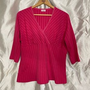 y2k Retro Sexy Neon Bright Hot Pink Long 3/4 Sleeve Ribbed V-Neck Blouse Top